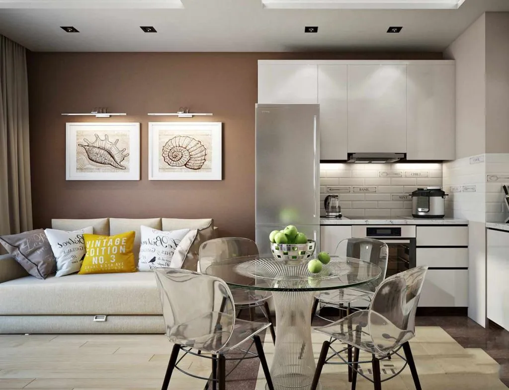 Цветовое решение и мебель для кухни-гостиной 18 кв.м