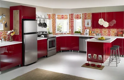 Стильный интерьер для кухни в красных тонах | Обои для телефона
