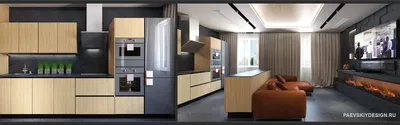 Дизайн проект кухни гостиной 30 кв м с деревянными фасадами и техникой  Gorenje by Starck