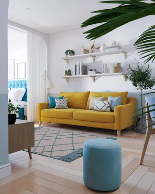 Интерьер гостиной в студии с лимонно-желтым диваном Mendini — фабрика  современной дизайнерской мебели SKDESIGN