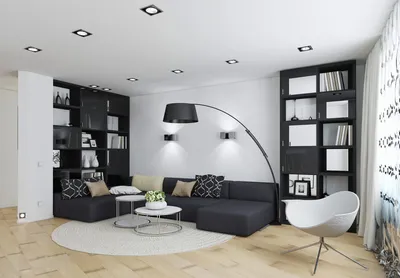 Интерьер современной студии в светло-серых тонах с черной мебелью — фабрика  современной дизайнерской мебели SKDESIGN