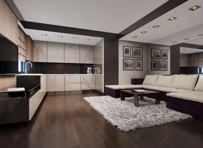 Классический бежево-коричневый интерьер квартиры – гостиная, столовая, кухня