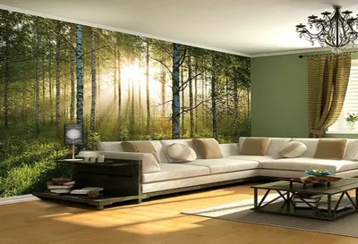 Фотообои лес в интерьере гостиной - 82 фото