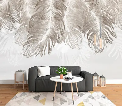 Фотообои Серые перья на стене в гостиной №dec_4367. Каталог: интерьеры |  ABC-Decor