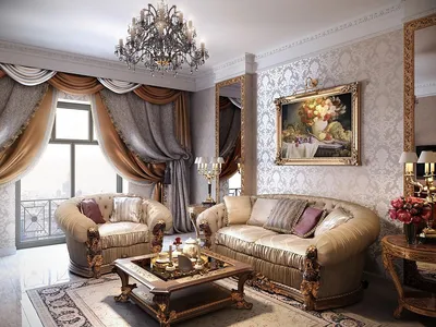 Красивые шторы в гостиную, в стиле современная классика: фотографии  интерьера