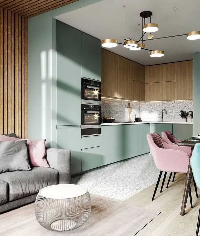 Дизайн проект кухни гостиной 16 кв м с диваном фото