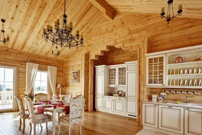 Дизайн кухни в деревянном доме, Кухня-гостиная в деревянном доме