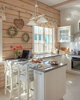 Белая кухня в деревянном доме - 64 фото