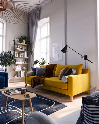 Желтый диван в интерьере гостиной - идея интерьера SKDESIGN