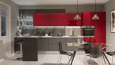Серый и бордовый в интерьере кухни - 68 фото
