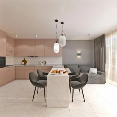 Дизайн Кухня-гостиная в стиле Современный в белом цвете №12916