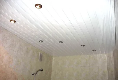 Потолок в ванной из пластиковых панелей - 55 фото