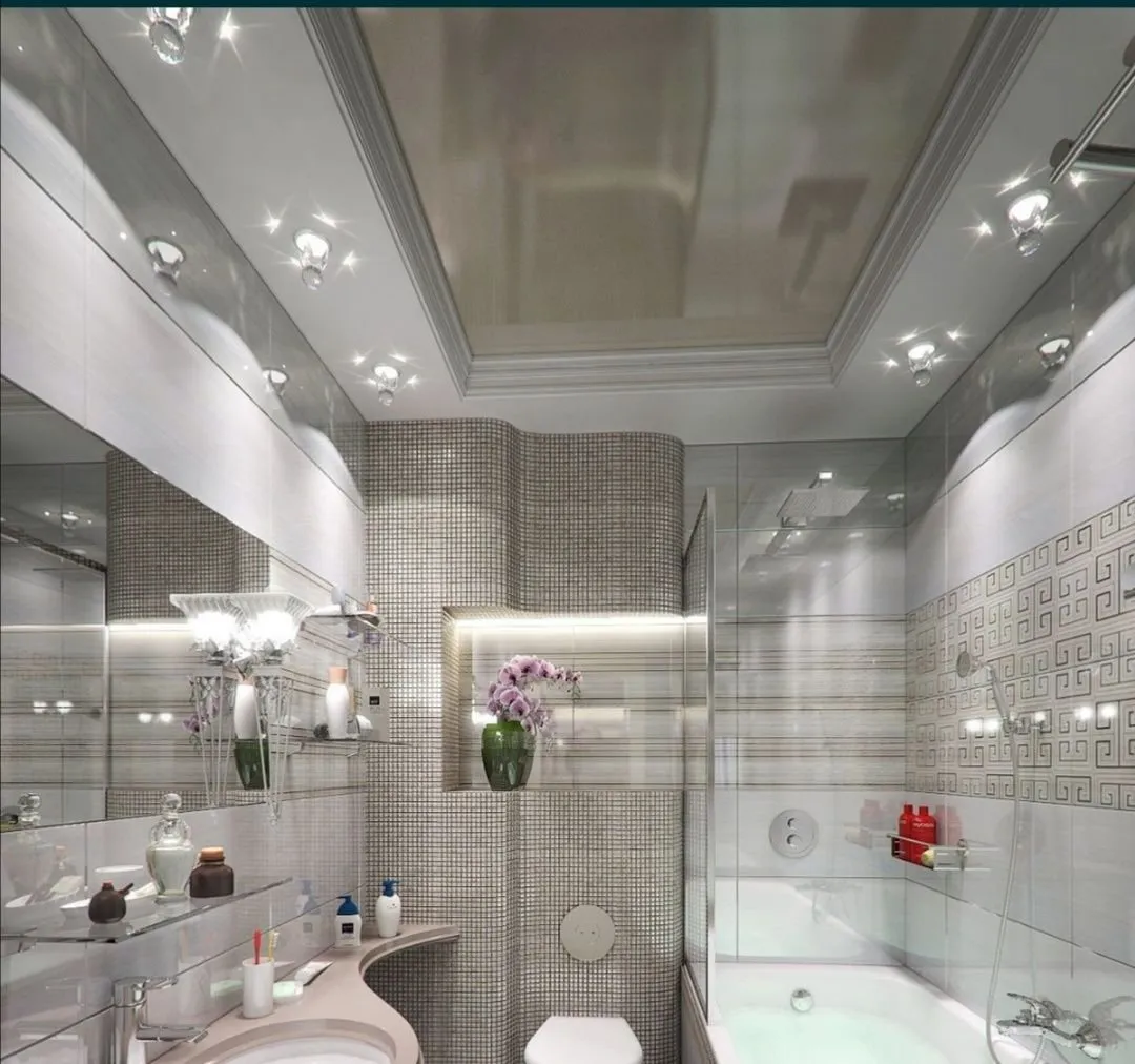 Дизайн потолка в ванной - 75 фото