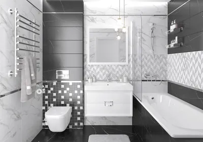 Черно-белый дизайн ванной комнаты: черная и белая плитка на полу и стенах