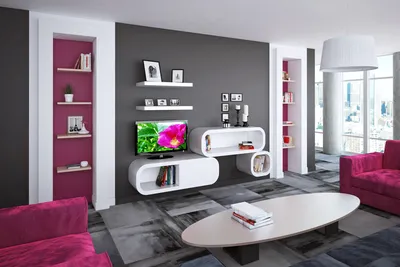 Радиусная мебель в гостиную: тумба под ТВ и навесные полки