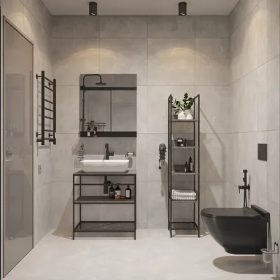Ванная с туалетом и душевой перегородкой (5 м2) в стиле лофт с черным  подвесным унитазом - дизайн проект от Сантехники-Онлайн