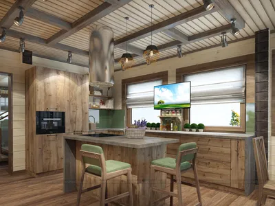 Гостиная и кухня в деревянном доме в современном стиле (Дизайн-студия  Малина) — Диванди