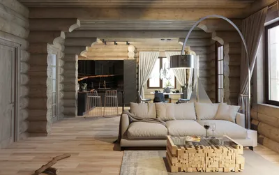 Гостиная, совмещенная с кухней в деревянном доме - Работа из галереи 3D  Моделей