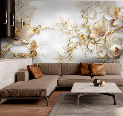 Фотообои Fbrush Цветочное изобилие 400х270 см, 3D обои, флизелиновые,  золотые цветы, листья, на стену, в спальню, гостиную, кухню - купить по  выгодной цене в интернет-магазине OZON