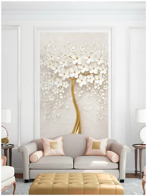 Фотообои Красивое золотое 3D дерево с белыми цветами на бежевом фоне/  Красивые уютные обои на стену в интерьер комнаты/ 3Д расширяющие  пространство/ На кухню в спальню детскую зал гостиную прихожую/ размер  129х200см/