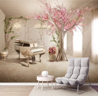 фотообои dekor vinil 3d комната с деревом и роялем 300х260 см. фотообои в  гостиную, спальню, кухню