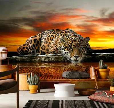 фотообои fbrush хищник на закате 400х270 см, 3d обои, флизелиновые,  леопард, тигр, лев, в спальню, гостиную,