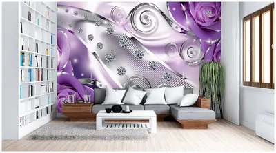 Фотообои / флизелиновые обои 3D розы и стразы в фиолетовом / флизелиновые  готовые на стену / на кухню, в прихожую, спальню, гостиную, зал / 3Д  расширяющие пространство 4 x 2,7 м —