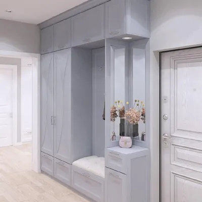 Заказать Встроенный шкаф с распашными дверьми из МДФ в прихожую в  классическом стиле с мягким сиденьем и зеркалом в Санкт-Петербурге
