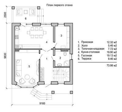 Планировка первого этажа с прихожей,кухней-столовой, гостинной,котельной,  санузлом и открытой террасой | Двухэтажные дома, Дом, План дома