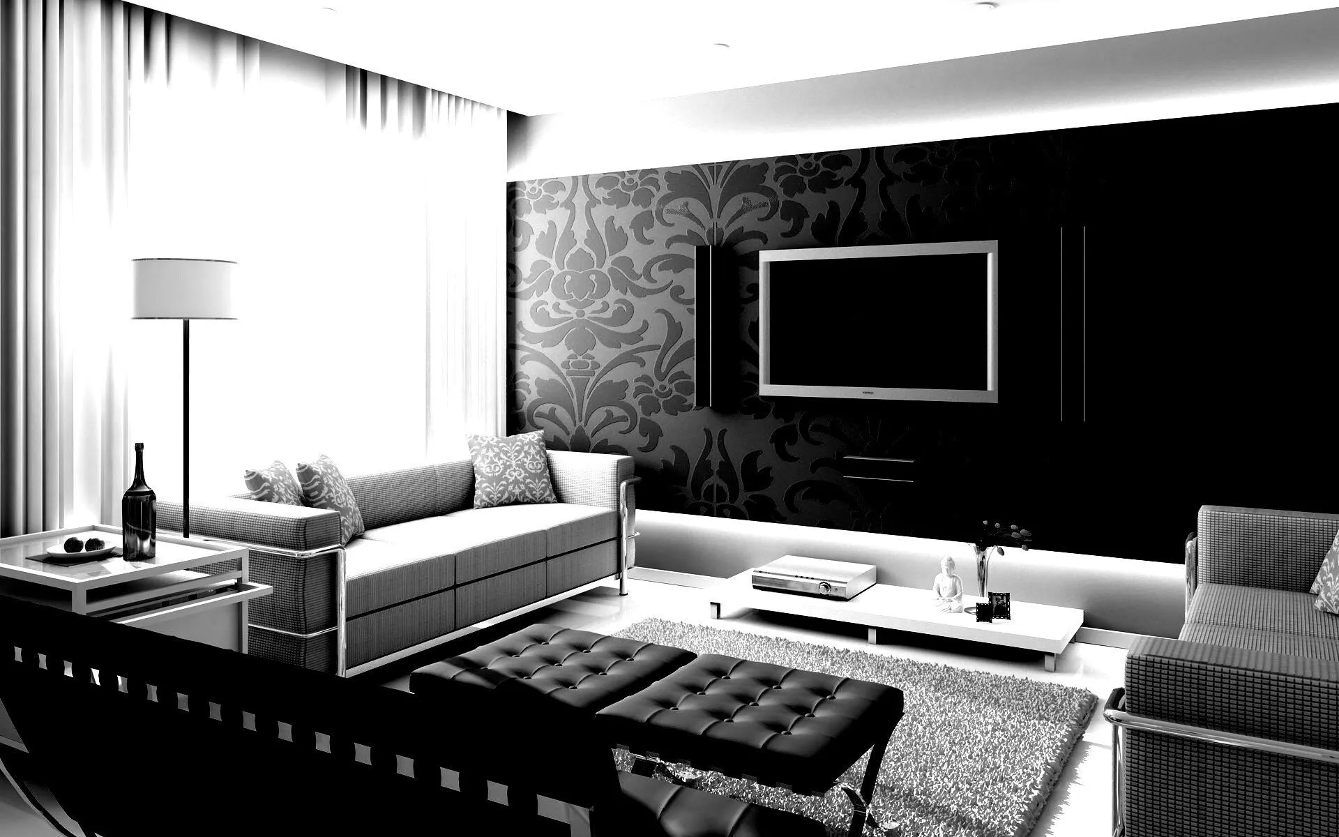 Черно белый дизайн гостиной - 75 фото