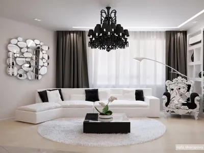 Дизайн чёрно-белого интерьера гостиной, варианты оформления зала с фото