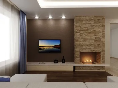 Электрокамин в интерьере гостиной с телевизором, маленькая гостиная с  камином и телевизором, камин с телевизором в интерьере