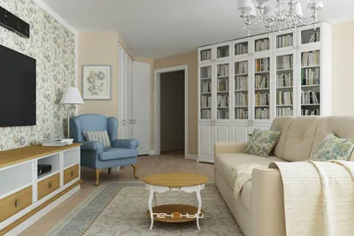 Дизайн интерьера гостиной в трехкомнатной квартире в стиле прованс. Цвета  бежевый, голубой. Студия дизайна \"Печёный\". | Дизайн гостиной, Интерьер,  Желтые гостиные