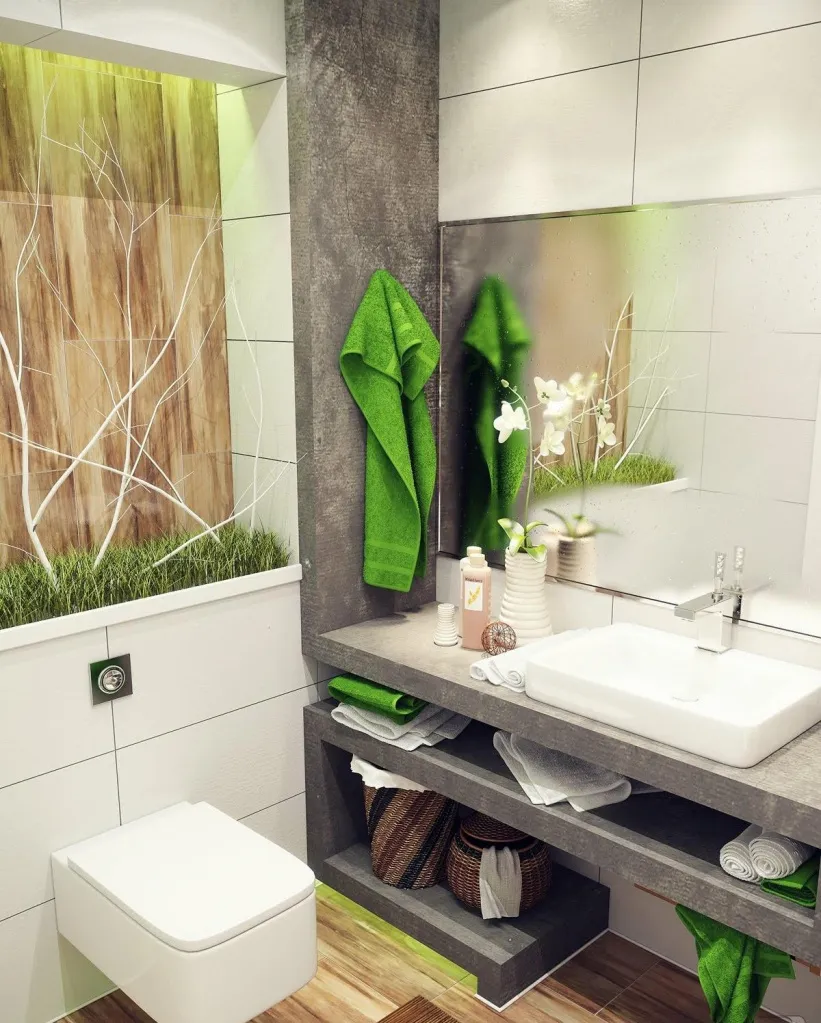 Примеры фото для идеи дизайна зеленой ванной комнаты: