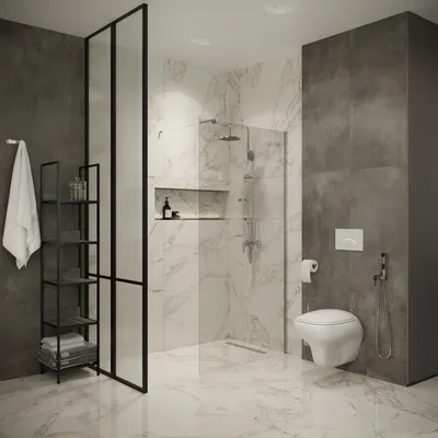 Ванная комната под мрамор (11,5 кв. м) в современном стиле с подвесной  мебелью и сантехникой - дизайн проект от Сантехники-Онлайн