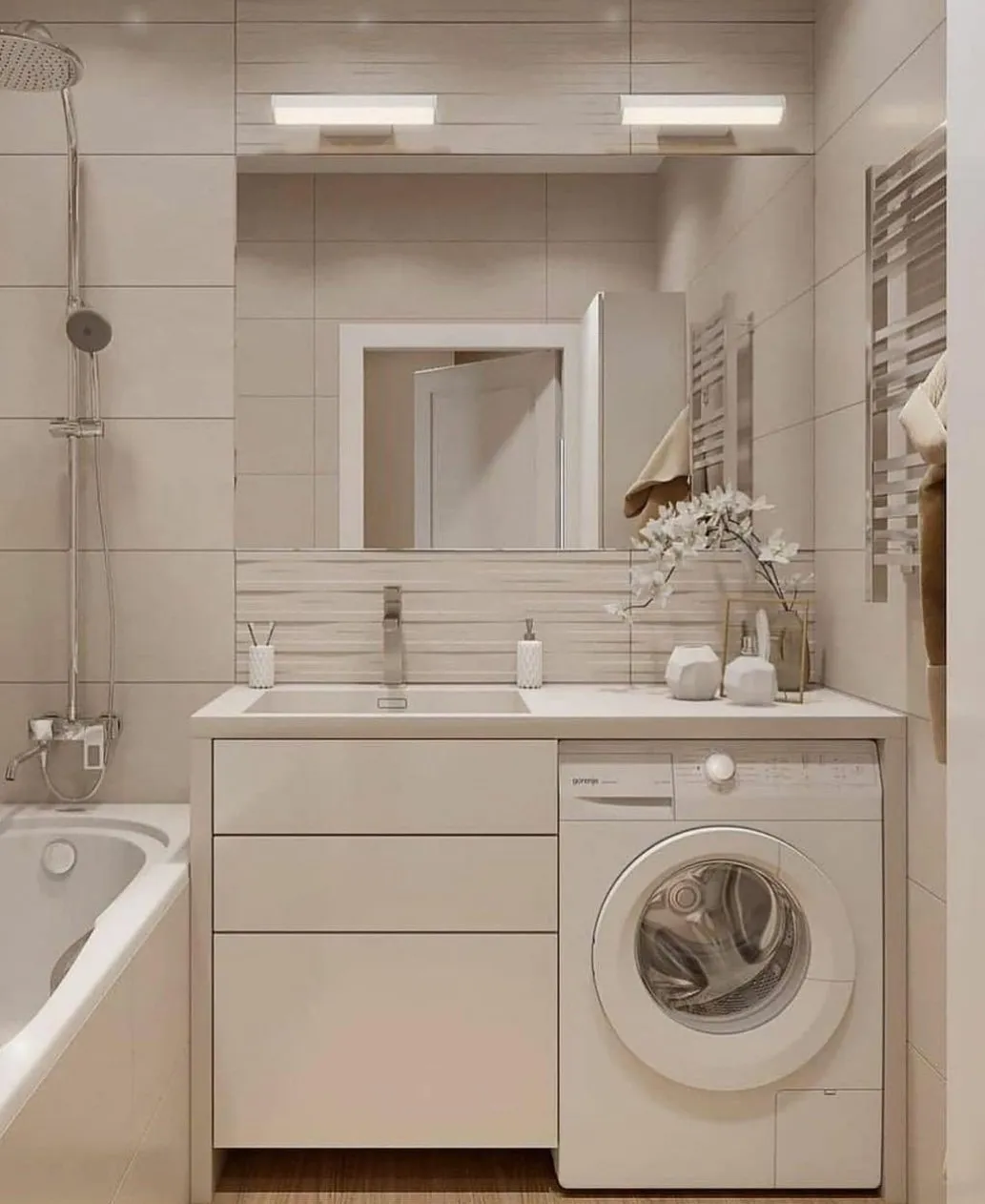 Дизайн маленькой ванной со стиральной машинкой и ванной