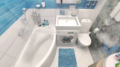 Дизайн ванной комнаты на заказ. Решение Облако 52: Голубой Эдем. (акриловая  ванна, шкаф зеркальный, смеситель)
