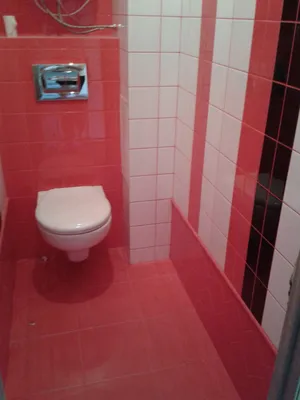 Красно-бело-черная ванная комната и туалет, керамическая плитка, мозаика —  Идеи ремонта
