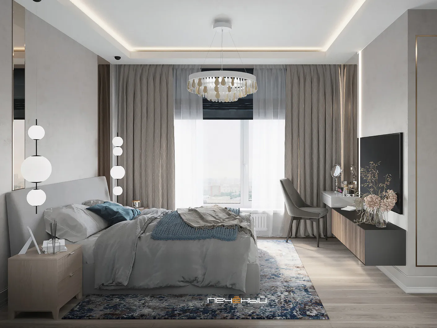 интерьер спальни в современном стиле в светлых тонах