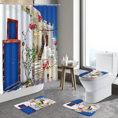 Душевая занавеска в греческом средиземноморском стиле с изображением цветов  в архитектуре на острове Санторини, ландшафтный декор для ванной комнаты,  наборы ковриков для ванной - купить по выгодной цене | AliExpress
