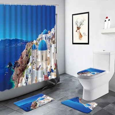 Скандинавская греческая занавеска для душа с морским ландшафтом, сине-белая  занавеска для ванной в средиземноморском стиле, нескользящий коврик для  ванной, набор ковриков для ванной - купить по выгодной цене | AliExpress