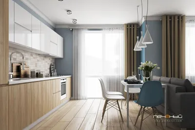 Дизайн интерьера кухни в современном стиле в однокомнатной квартире. Цвета:  белый, бежевый, голубой. Студия диза… | Небольшие гостиные, Дизайн  квартиры, Дизайн дома