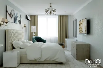 Дизайн интерьера спальни в современном стиле с элементами классики, 22.8кв.м .