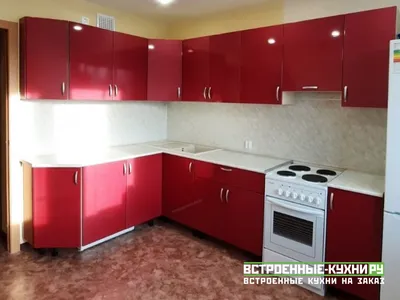 Угловая кухня красного цвета в пленке ПВХ - Кухни на заказ по  индивидуальным размерам в Москве