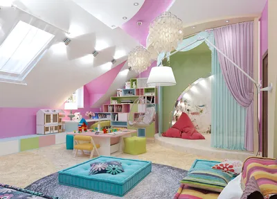 Дизайн-проект детской игровой комнаты 35 кв. м на мансарде для двух девочек  | Студия Дениса Серова