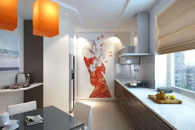 Дизайн кухни-студии со встроенным холодильником и бело-коричневым гарнитуром